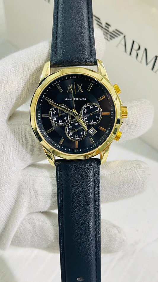Armani Exchange First Copy Black Leather Strap Watch | Gold Bezel Chronograph