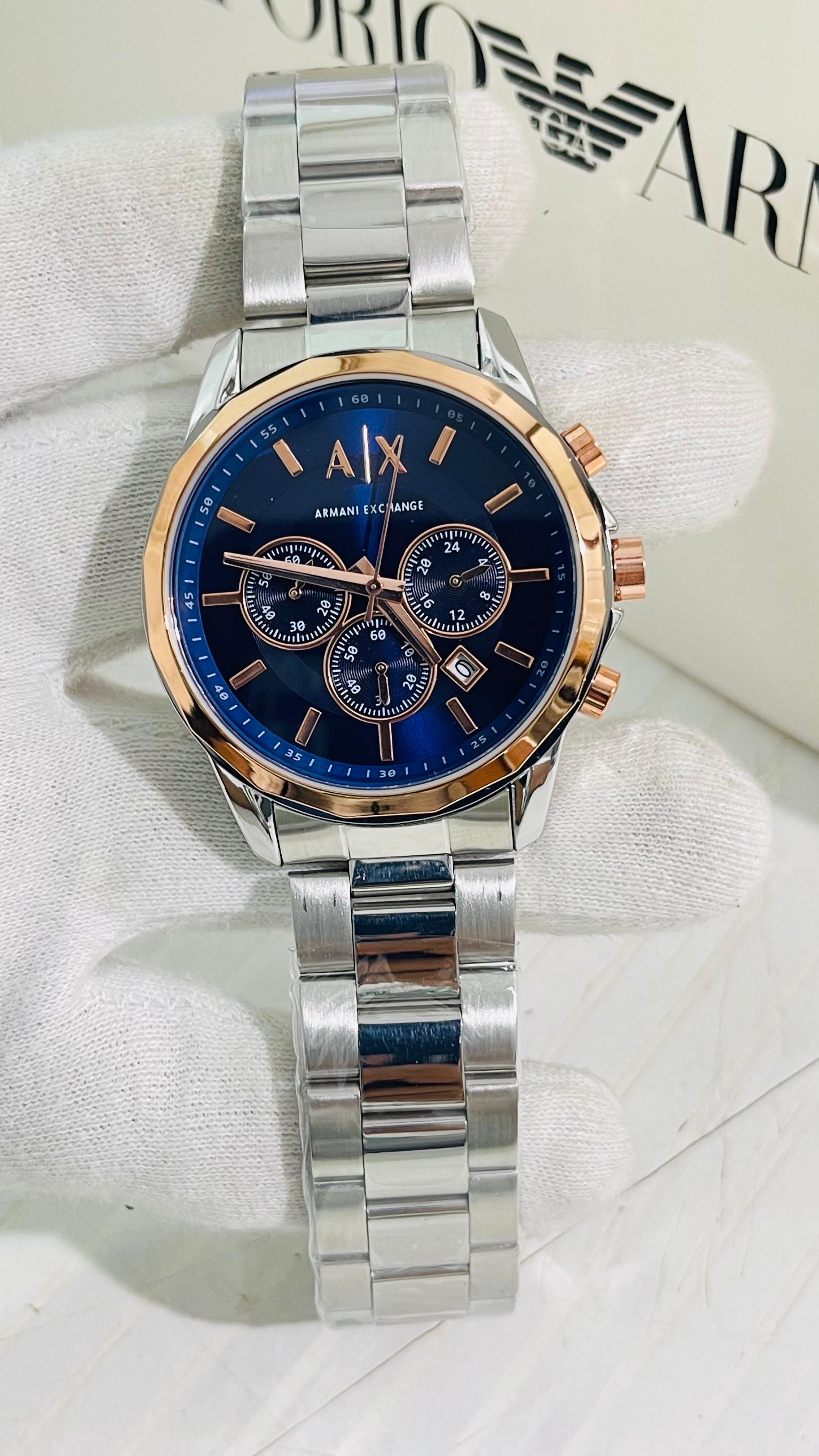 Armani Exchange First Copy Silver & Rose Gold Chronograph Watch with Blue Dial